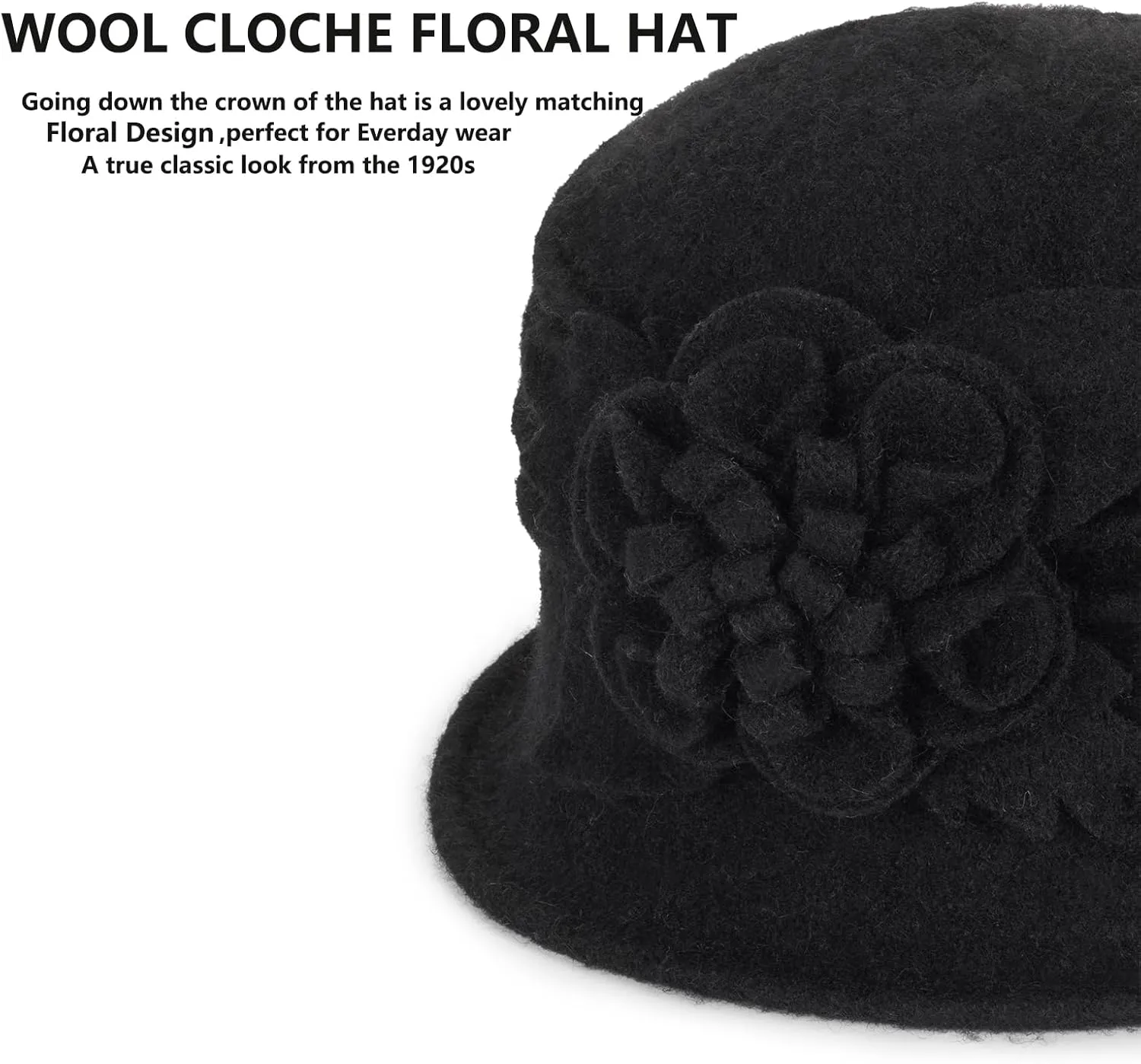 1920S Vintage Cloche Bucket Hat - Warm Winter Wool Cloche Bowler Hat for Women Ladies Derby Party Crushable