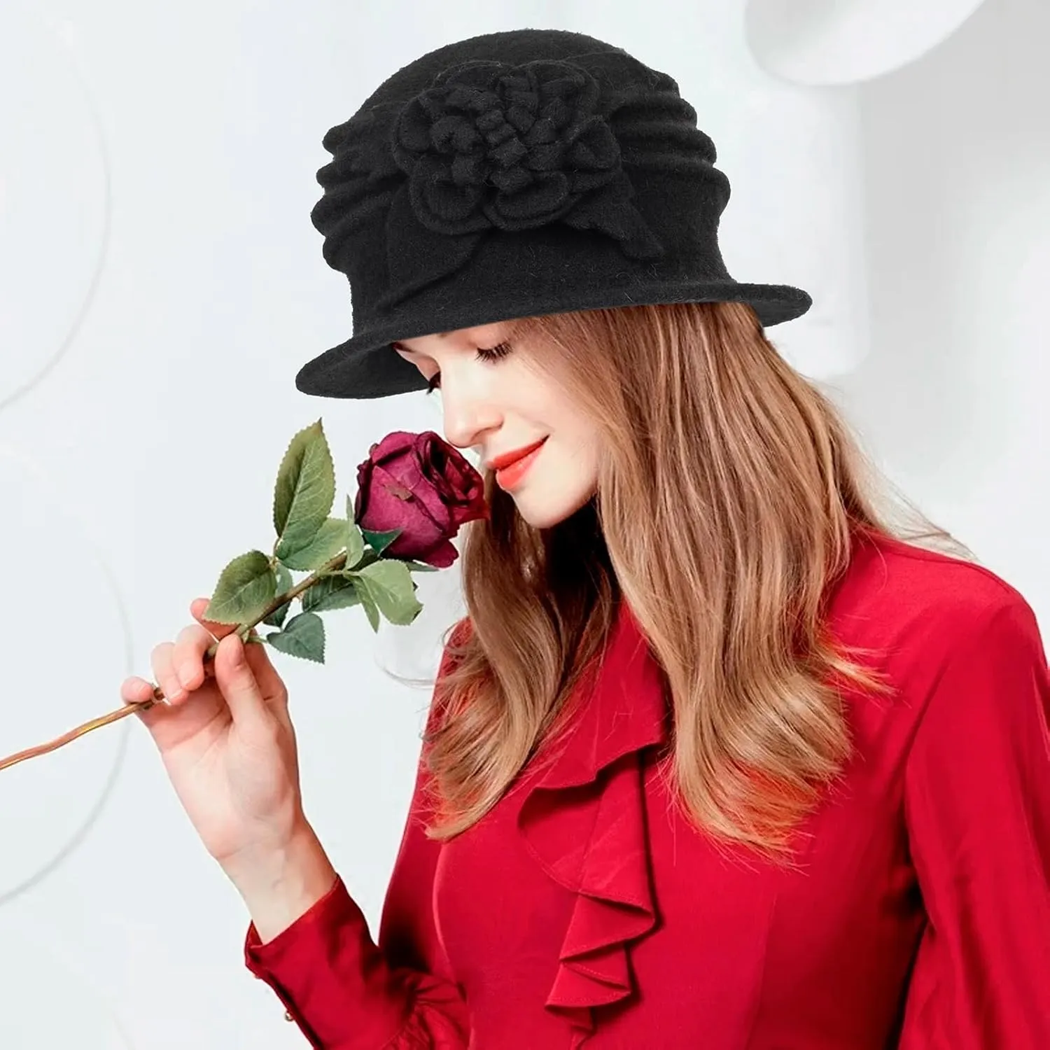 1920S Vintage Cloche Bucket Hat - Warm Winter Wool Cloche Bowler Hat for Women Ladies Derby Party Crushable
