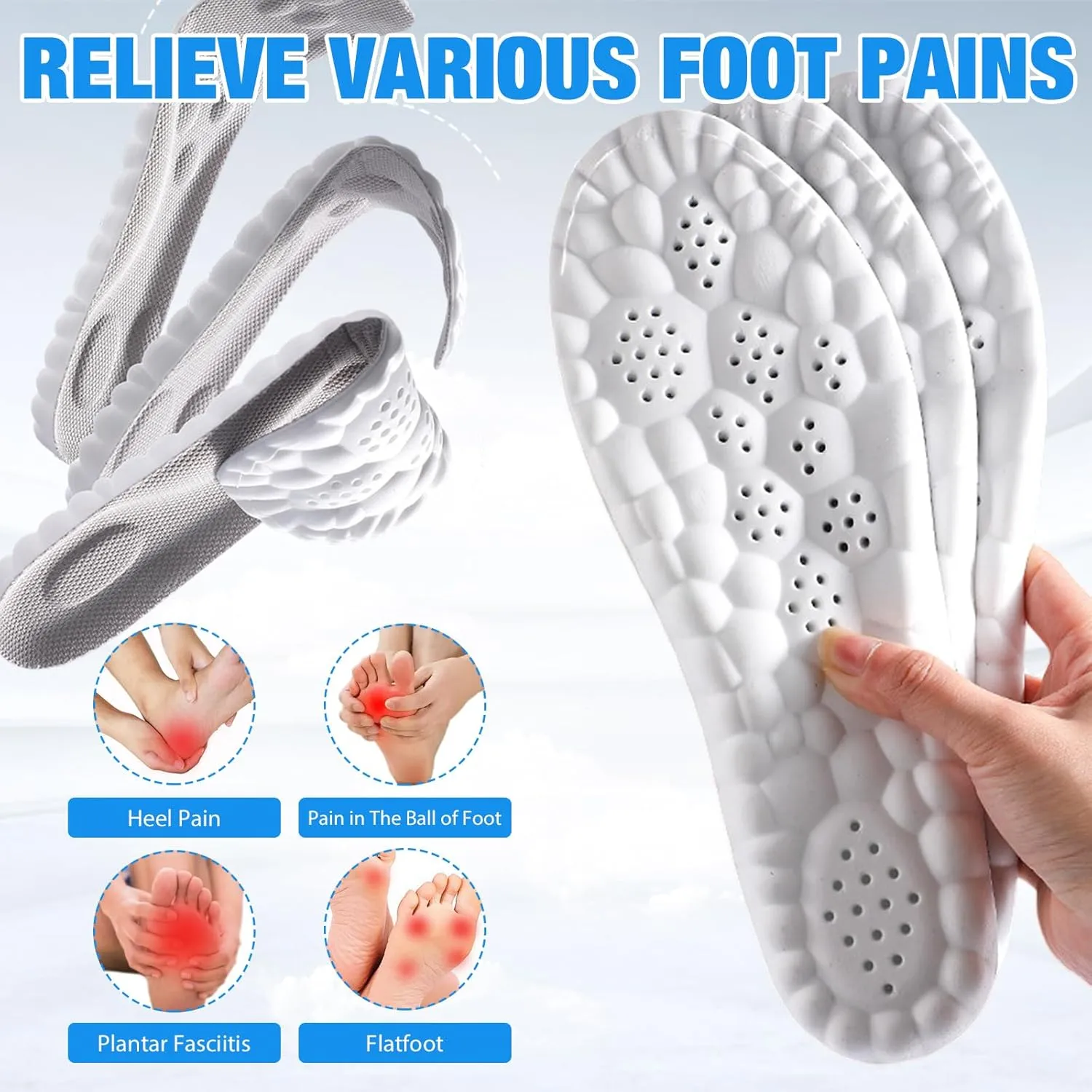 4D Insoles - 4D Cloud Technology Insole - Super Soft, Ultra Comfort Insoles, 4D Sports Shoes Insoles, Acupoint Massage Insole for Foot & Joint Support (10-11, Gray)