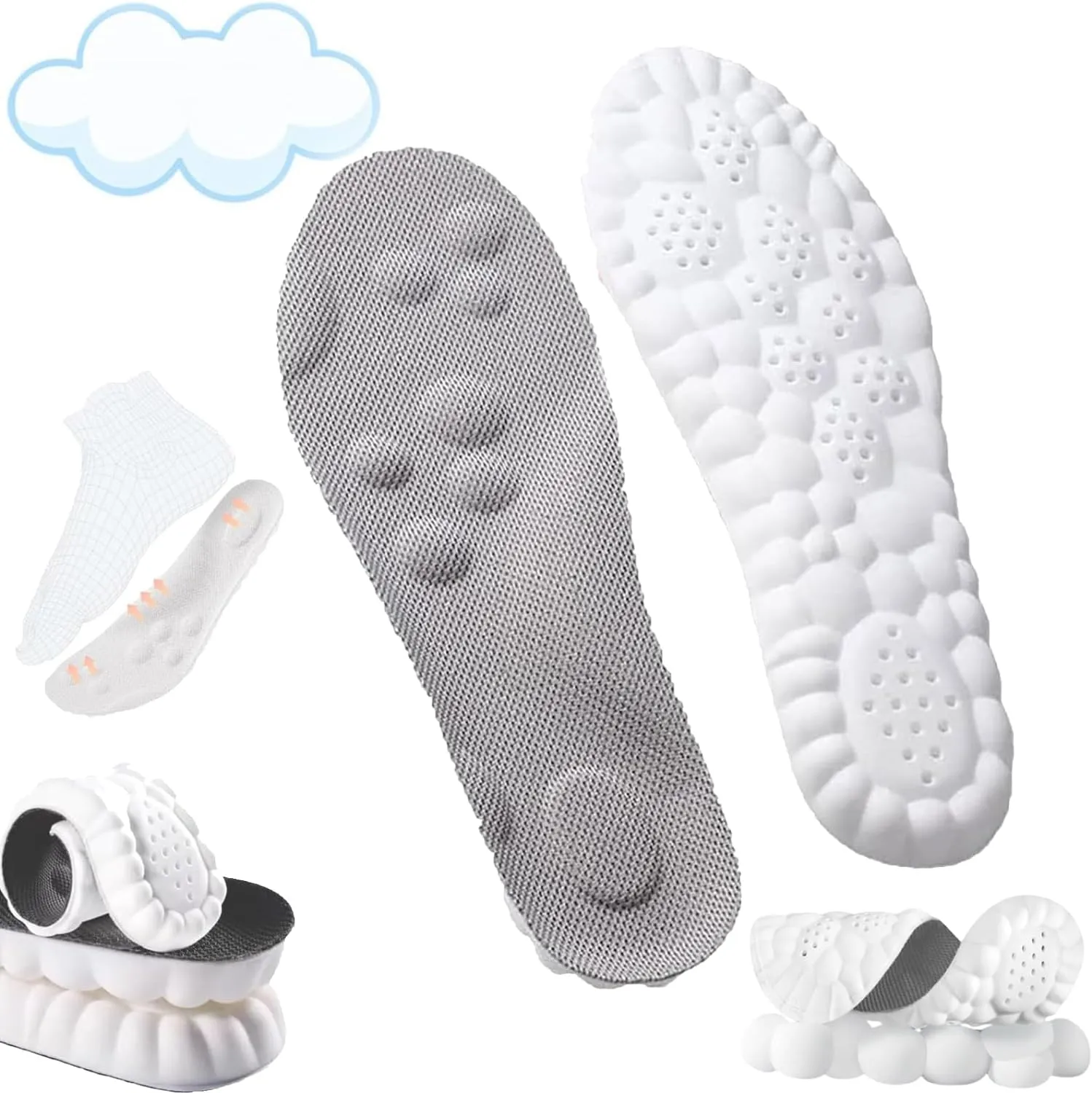 4D Insoles - 4D Cloud Technology Insole - Super Soft, Ultra Comfort Insoles, 4D Sports Shoes Insoles, Acupoint Massage Insole for Foot & Joint Support (10-11, Gray)