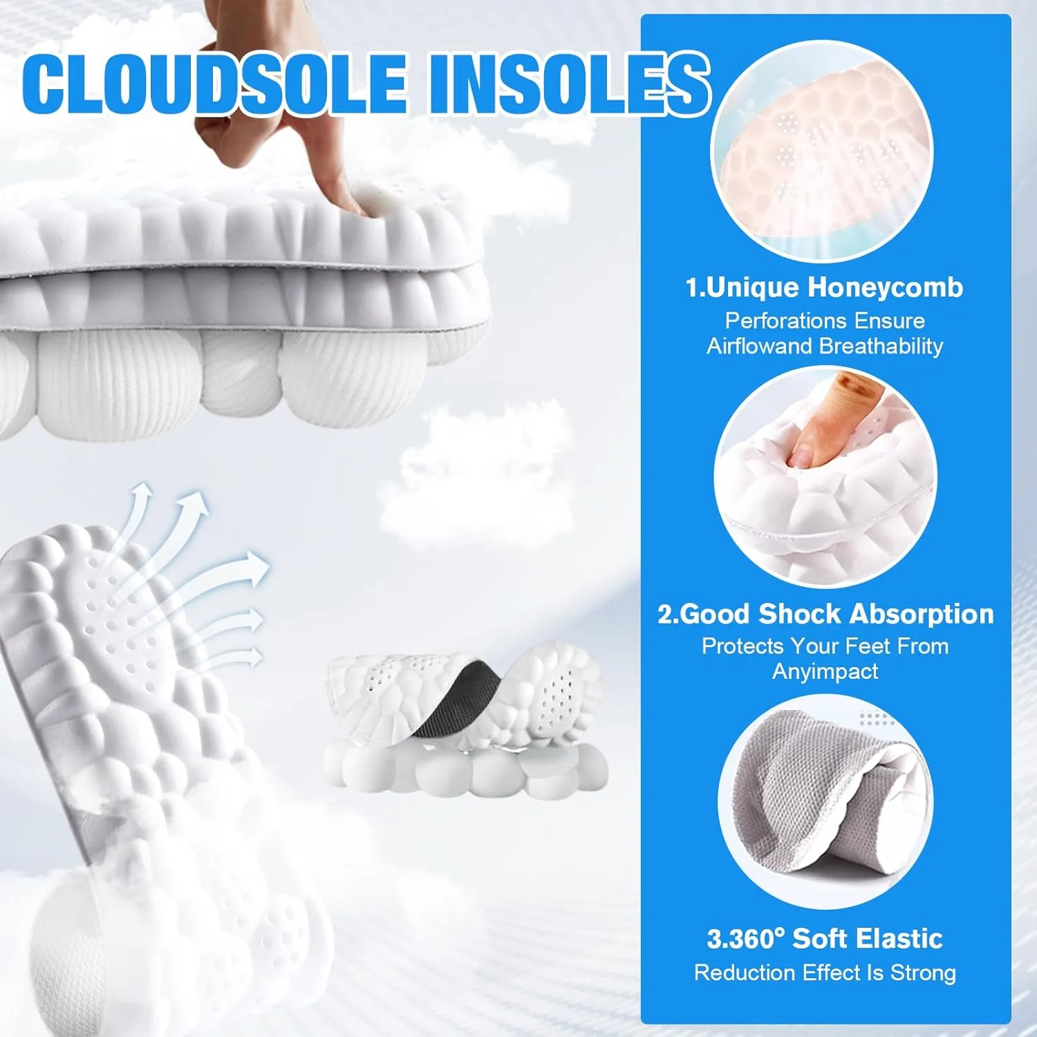 4D Insoles - 4D Cloud Technology Insole - Super Soft, Ultra Comfort Insoles, 4D Sports Shoes Insoles, Acupoint Massage Insole for Foot & Joint Support (10-11, Gray)