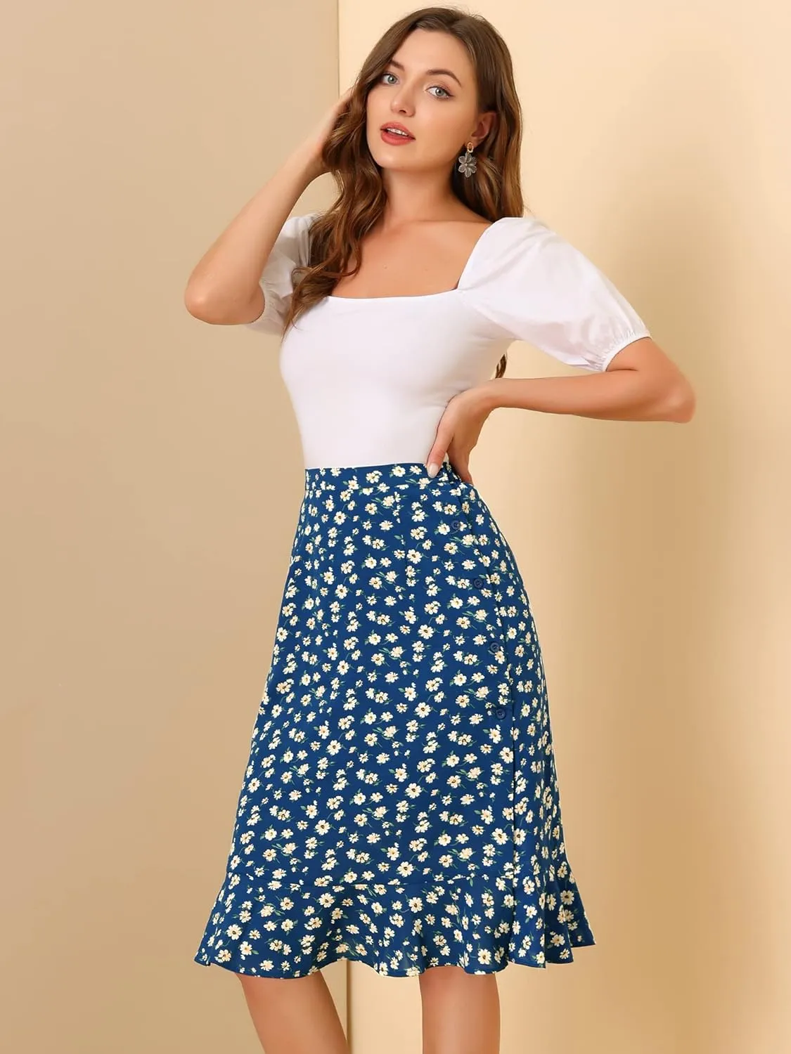 Allegra K Women's Floral Midi Skirts Summer Ruffle High Waist Flowy A-Line Split Knee Length Skirt