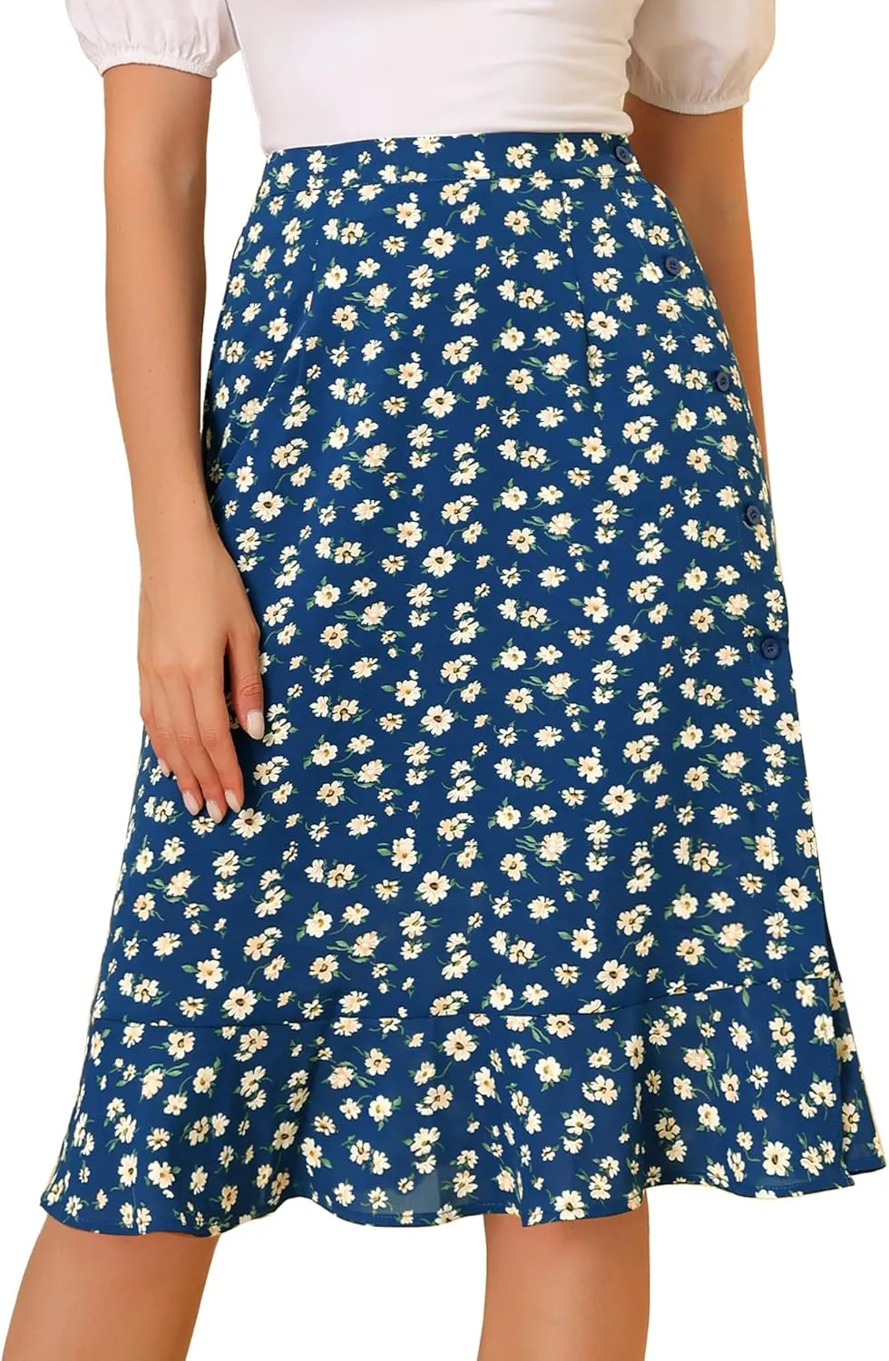 Allegra K Women's Floral Midi Skirts Summer Ruffle High Waist Flowy A-Line Split Knee Length Skirt