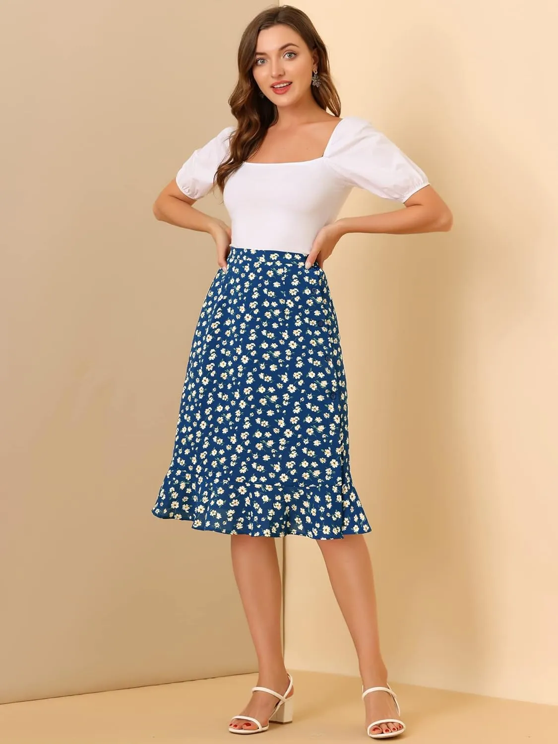 Allegra K Women's Floral Midi Skirts Summer Ruffle High Waist Flowy A-Line Split Knee Length Skirt