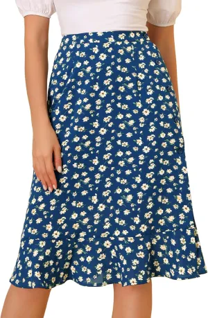 Allegra K Women's Floral Midi Skirts Summer Ruffle High Waist Flowy A-Line Split Knee Length Skirt