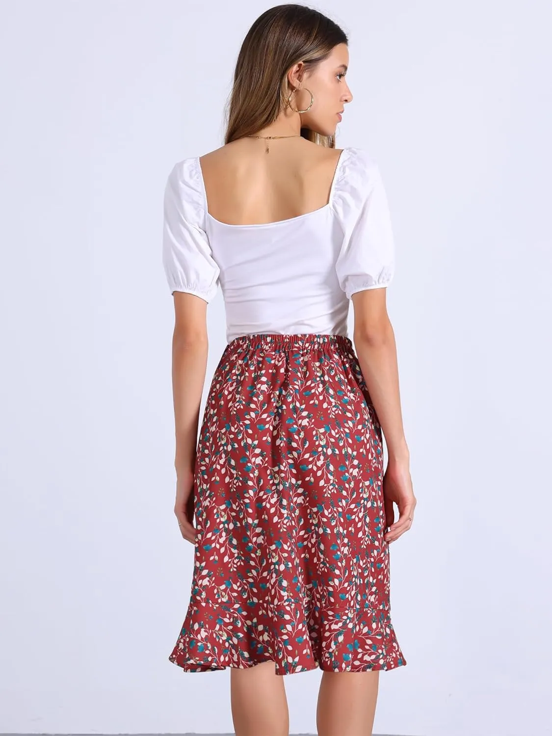 Allegra K Women's Floral Midi Skirts Summer Ruffle High Waist Flowy A-Line Split Knee Length Skirt