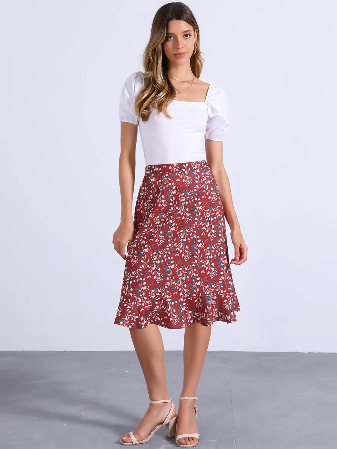 Allegra K Women's Floral Midi Skirts Summer Ruffle High Waist Flowy A-Line Split Knee Length Skirt