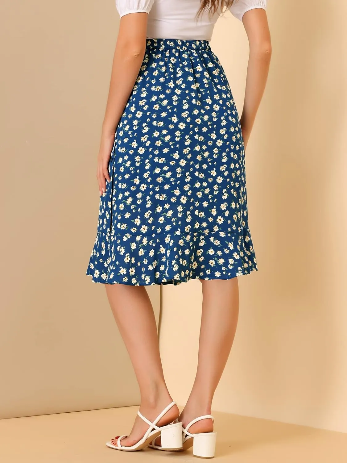 Allegra K Women's Floral Midi Skirts Summer Ruffle High Waist Flowy A-Line Split Knee Length Skirt