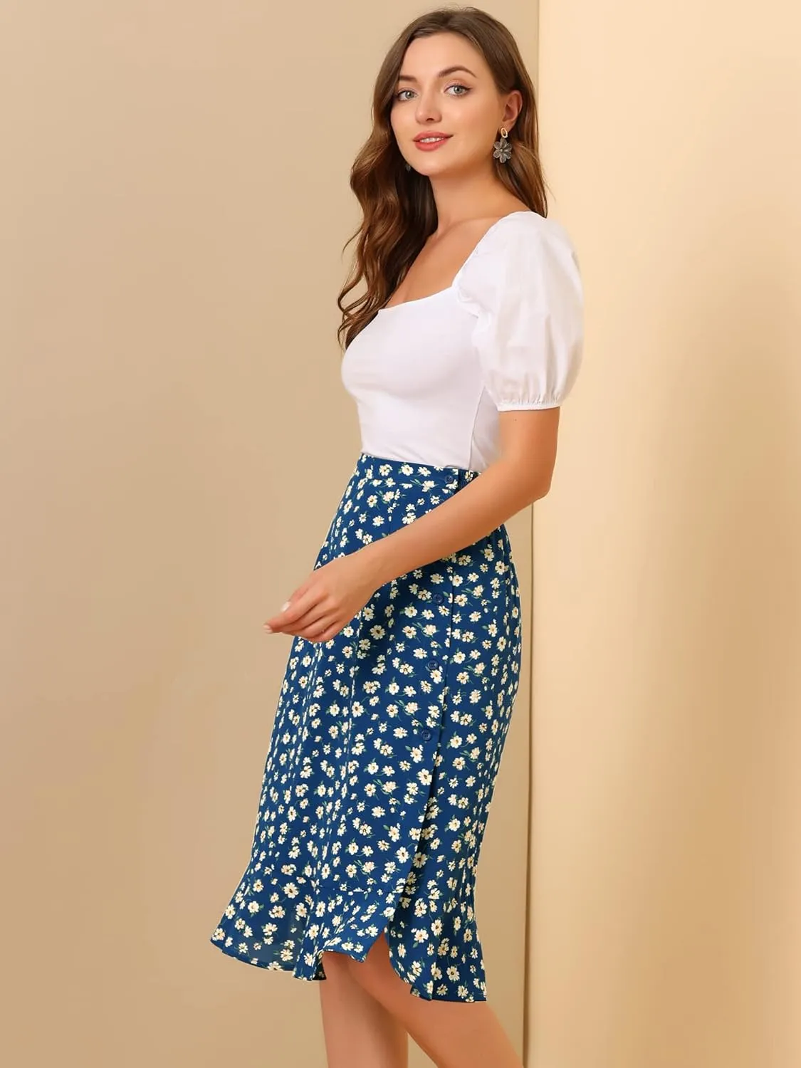 Allegra K Women's Floral Midi Skirts Summer Ruffle High Waist Flowy A-Line Split Knee Length Skirt