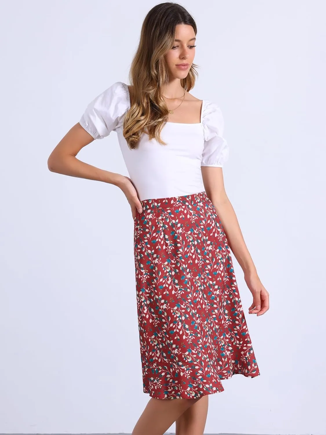Allegra K Women's Floral Midi Skirts Summer Ruffle High Waist Flowy A-Line Split Knee Length Skirt