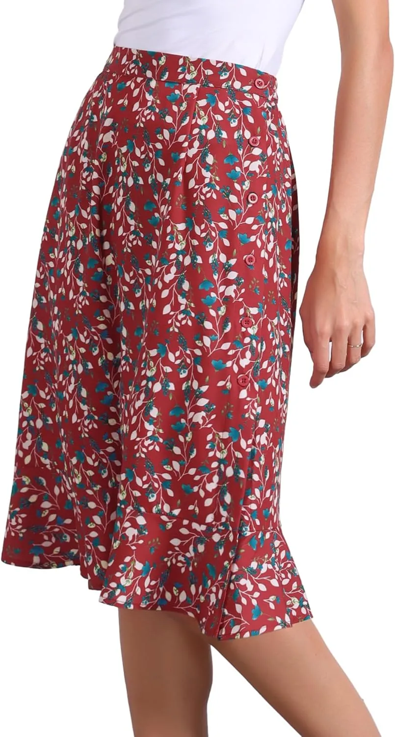 Allegra K Women's Floral Midi Skirts Summer Ruffle High Waist Flowy A-Line Split Knee Length Skirt