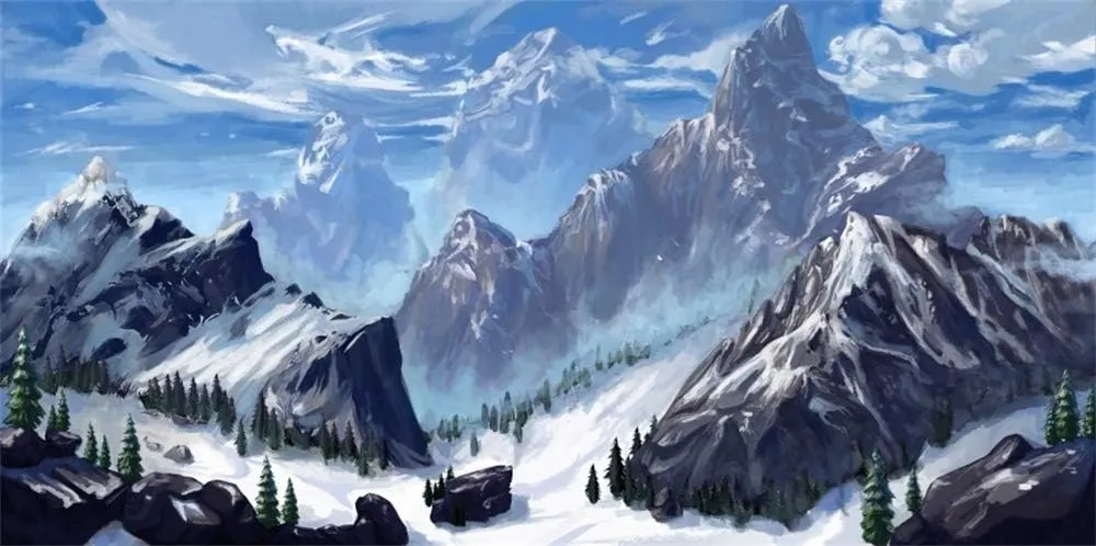 AOFOTO 10x5ft Beautiful Snow Mountains Peak Backdrop Art Natural Snow-Covered Ridge Rocks Pine Trees Landscape Black Mountain Range Background for Photography Photo Studio Props Vinyl