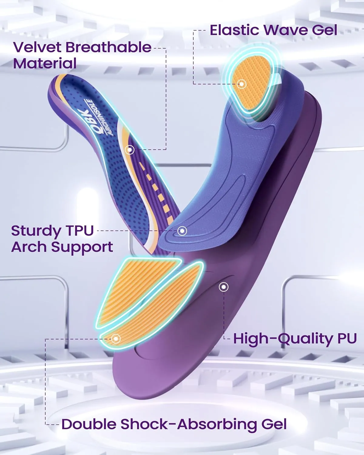 Arch Inserts, QBK Shoe Comfort Inserts Women and Men Suitable for Flat Feet, High Arch, Use for Walking, Hiking M