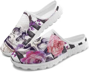 Art Skull Design Women Mesh Mules Memory Foam Flat Anti-Slip Fashion Sneakers Comfortable Slip-On Mule Garden Shoes
