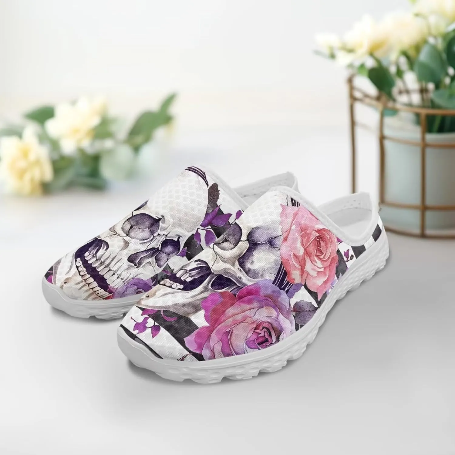 Art Skull Design Women Mesh Mules Memory Foam Flat Anti-Slip Fashion Sneakers Comfortable Slip-On Mule Garden Shoes