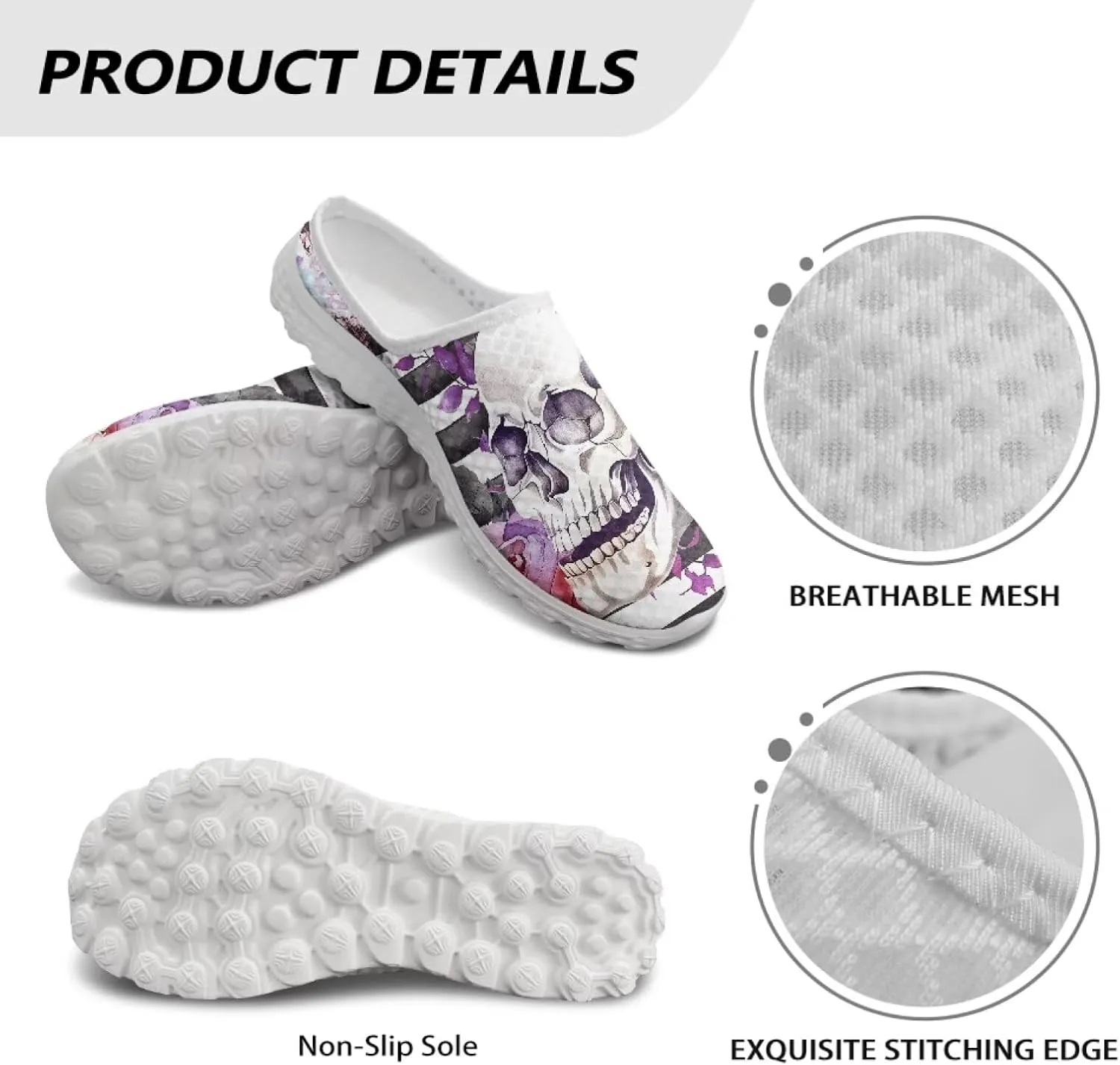 Art Skull Design Women Mesh Mules Memory Foam Flat Anti-Slip Fashion Sneakers Comfortable Slip-On Mule Garden Shoes