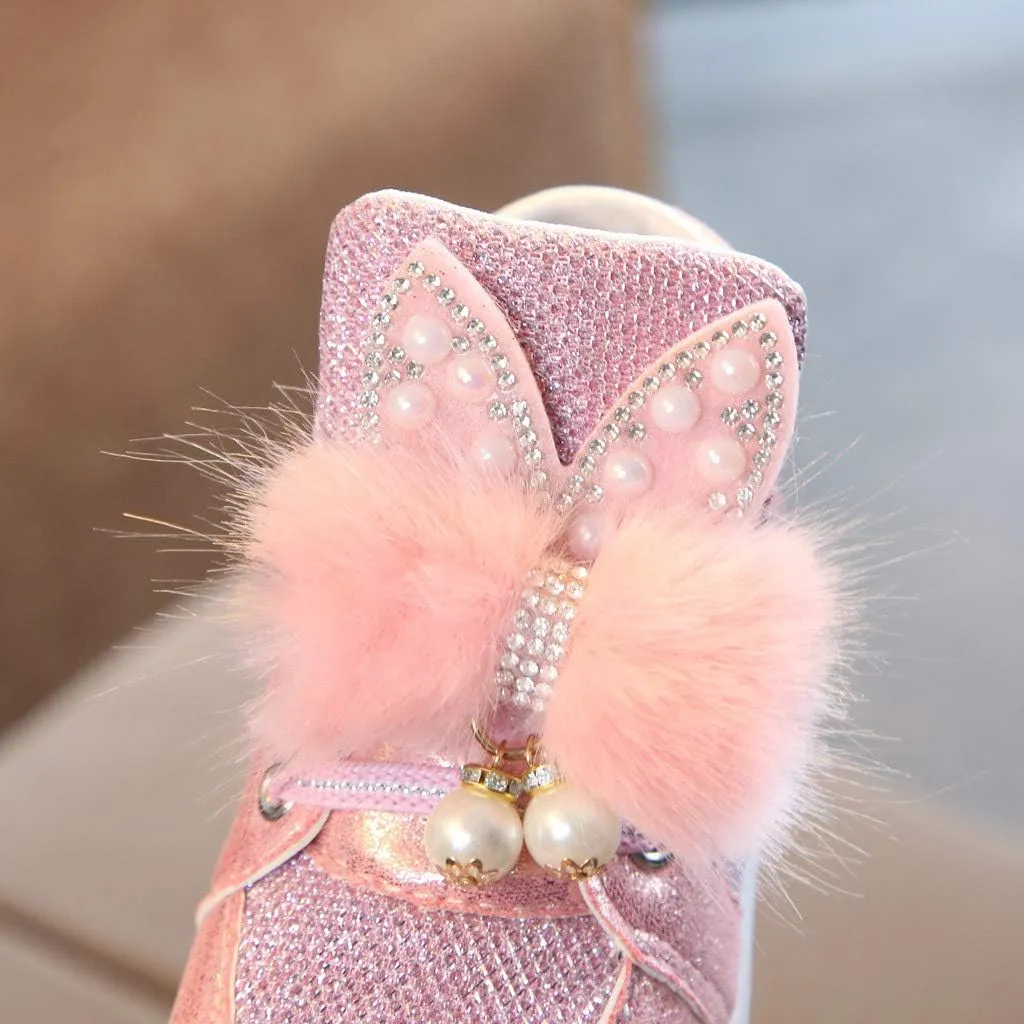 Baby Flat Shoes Toddler Girls Fall Winter LED Luminous Boots Shoes Bunny Ears Sneaker Warm Anti-Slip Single Shoes