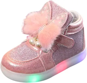 Baby Flat Shoes Toddler Girls Fall Winter LED Luminous Boots Shoes Bunny Ears Sneaker Warm Anti-Slip Single Shoes