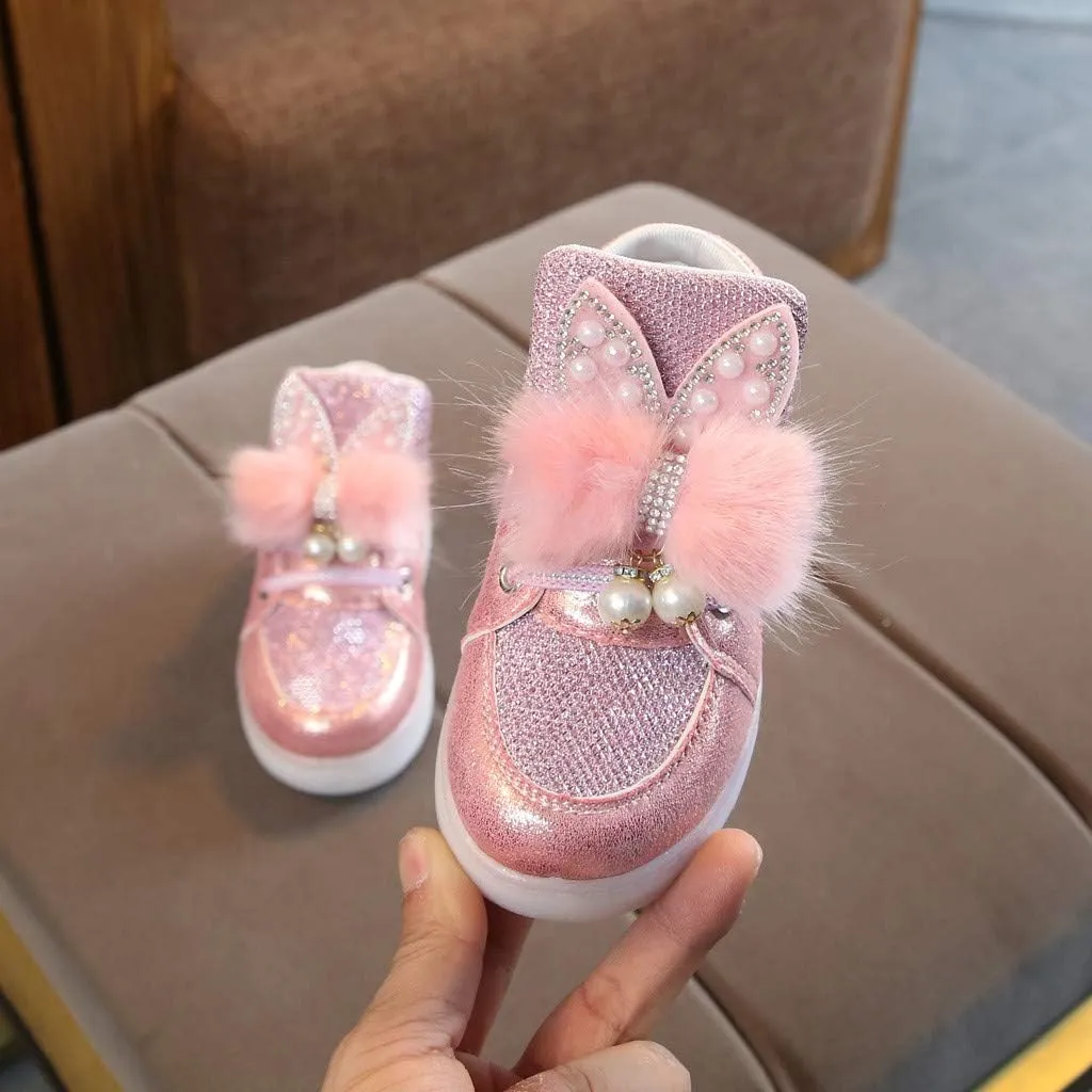 Baby Flat Shoes Toddler Girls Fall Winter LED Luminous Boots Shoes Bunny Ears Sneaker Warm Anti-Slip Single Shoes
