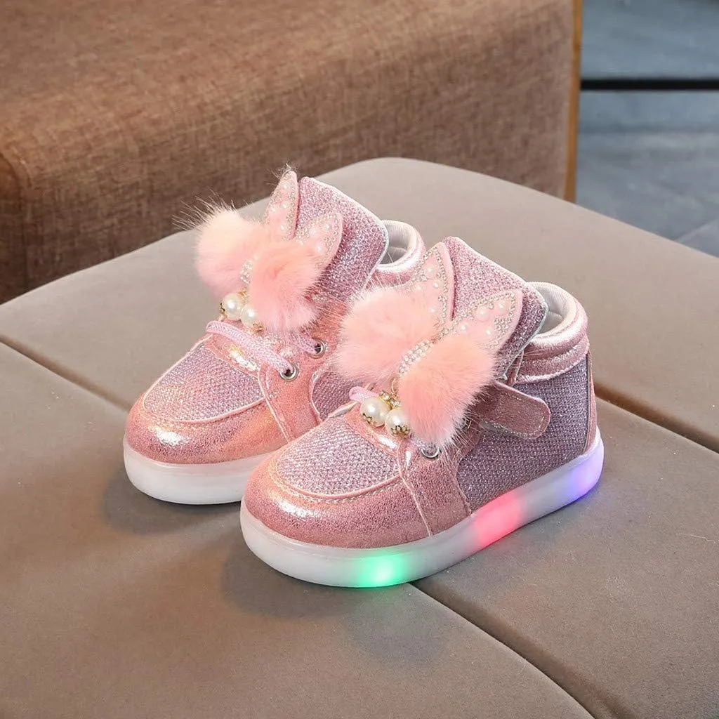 Baby Flat Shoes Toddler Girls Fall Winter LED Luminous Boots Shoes Bunny Ears Sneaker Warm Anti-Slip Single Shoes