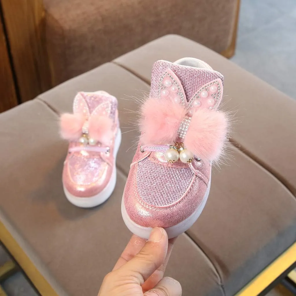 Baby Flat Shoes Toddler Girls Fall Winter LED Luminous Boots Shoes Bunny Ears Sneaker Warm Anti-Slip Single Shoes