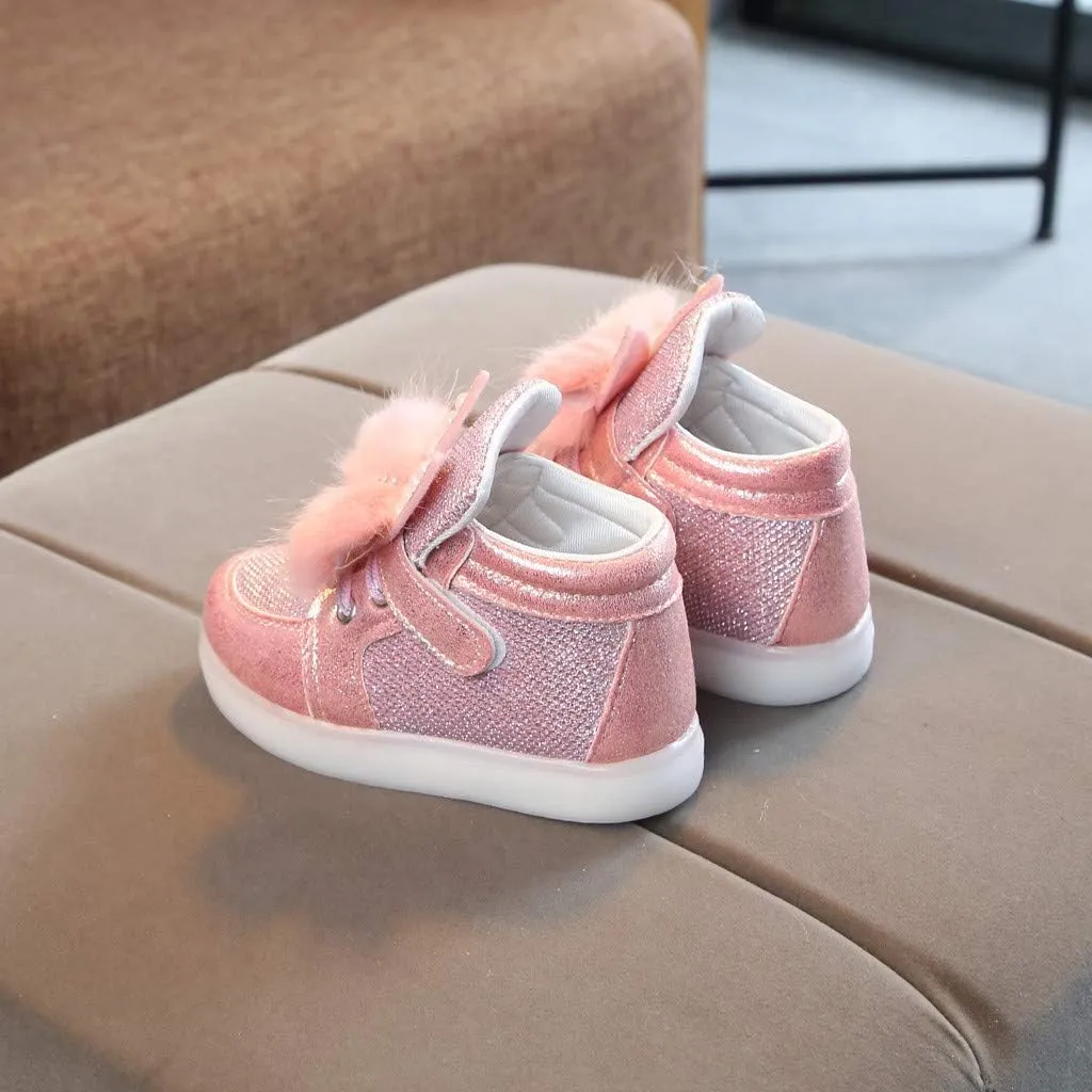 Baby Flat Shoes Toddler Girls Fall Winter LED Luminous Boots Shoes Bunny Ears Sneaker Warm Anti-Slip Single Shoes