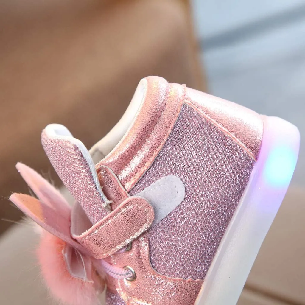 Baby Flat Shoes Toddler Girls Fall Winter LED Luminous Boots Shoes Bunny Ears Sneaker Warm Anti-Slip Single Shoes