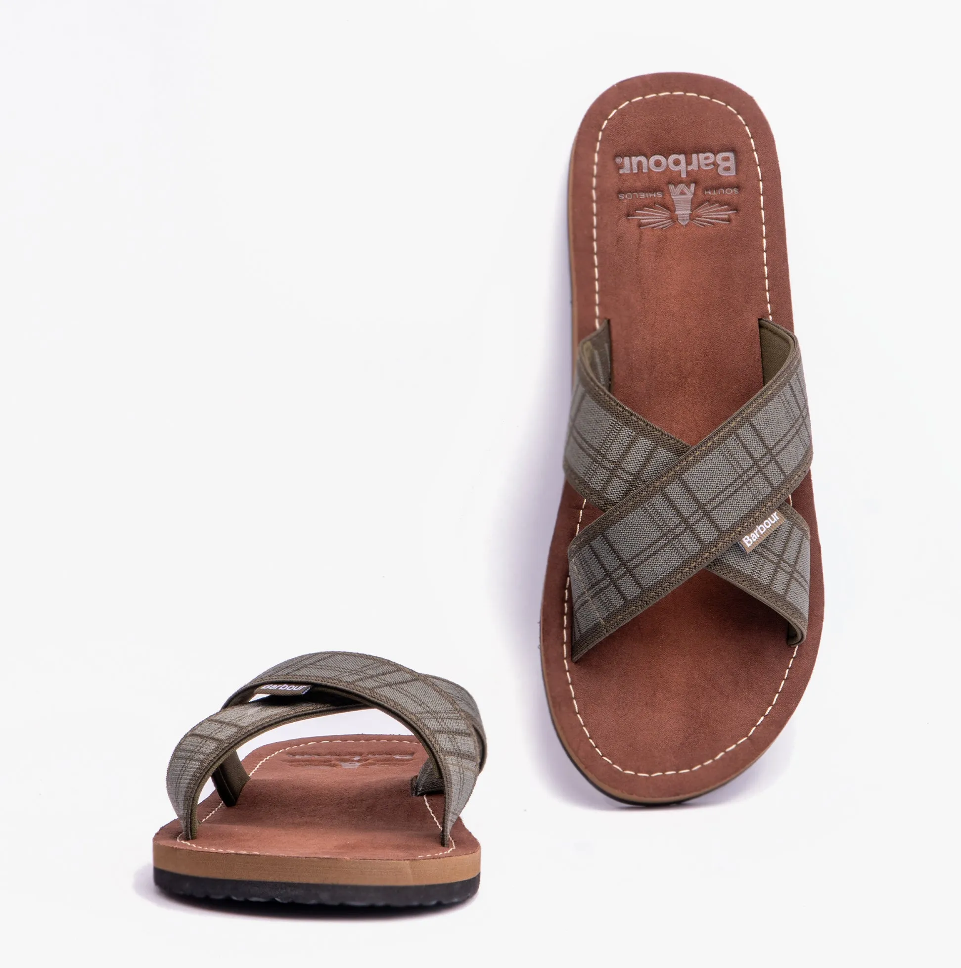 Barbour TARTAN Mens Cross-Strap Sandals Olive Tartan