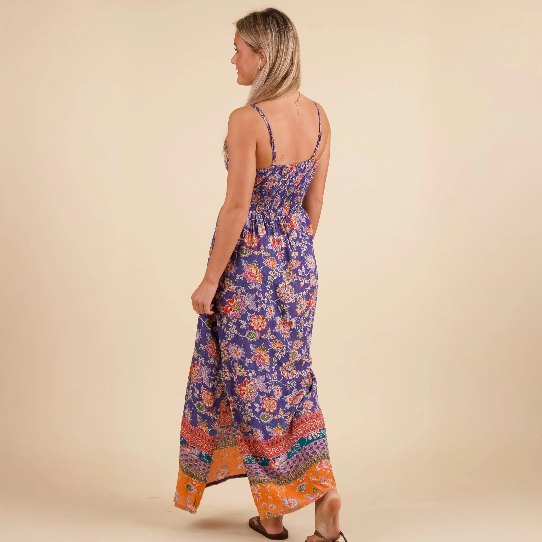 Blue and Orange Floral Keyhole Maxi Dress