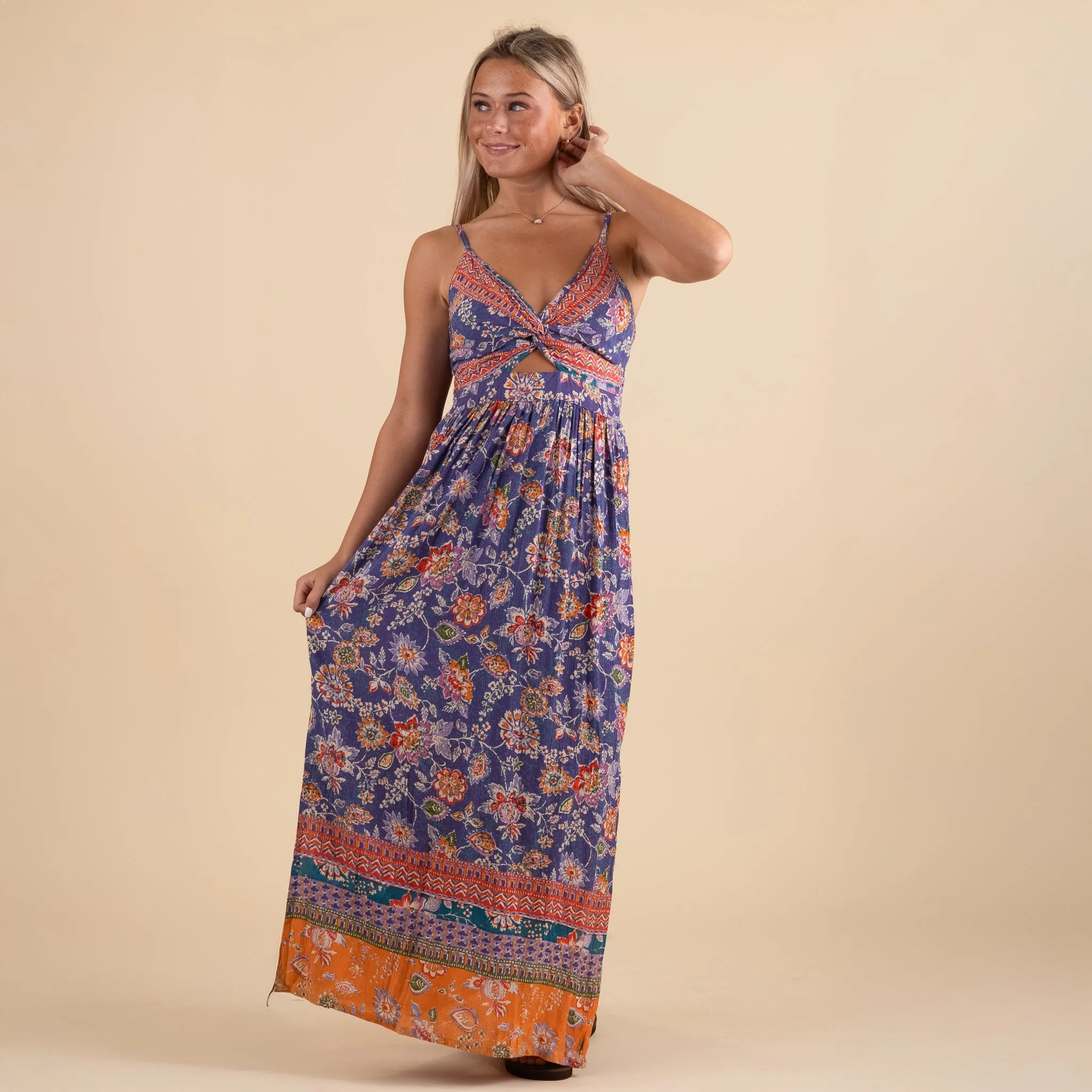 Blue and Orange Floral Keyhole Maxi Dress