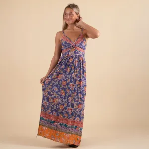 Blue and Orange Floral Keyhole Maxi Dress