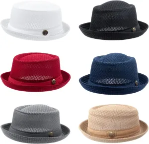 Boater Derby for Men Women Soft Hat Summer Mesh Straw Pork Pie Hat