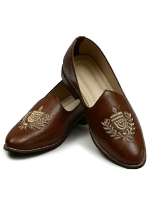 Brown Leather Hand Embroidery Shoes for Men