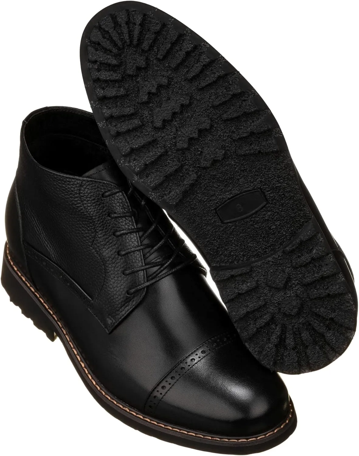 CALTO Men's Invisible Height Increasing Elevator Shoes - Black Leather Lace-up Cap-toe Boots with Inner Faux Fur - 3.2 Inches Taller - Y41083 - Size 11 D(M) US