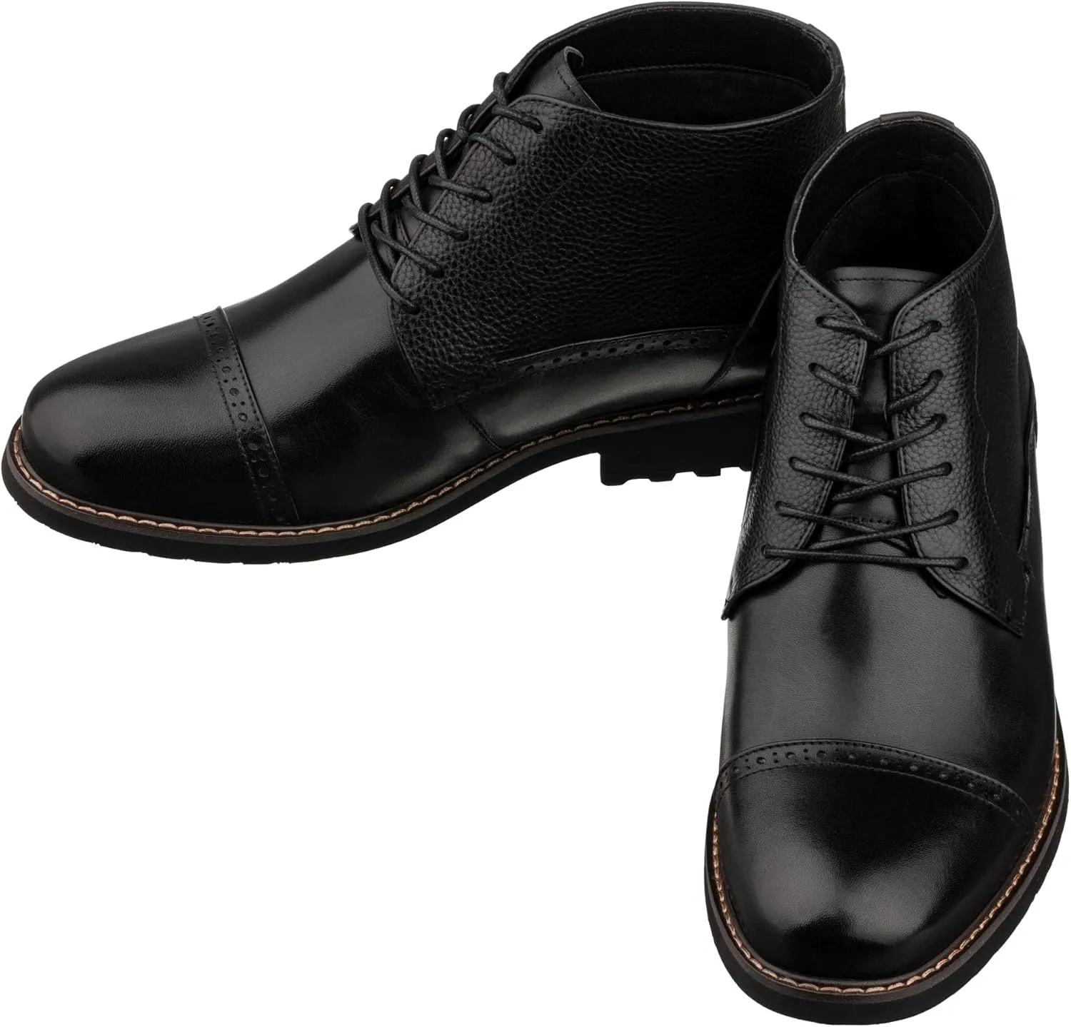 CALTO Men's Invisible Height Increasing Elevator Shoes - Black Leather Lace-up Cap-toe Boots with Inner Faux Fur - 3.2 Inches Taller - Y41083 - Size 11 D(M) US