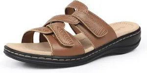CIOR Classic Leather Womens Slides Arch Support Adjustable Hook and Loop Slip on Flat Sandals