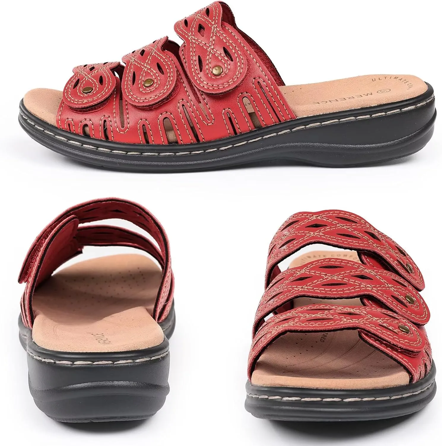 CIOR Classic Leather Womens Slides Arch Support Adjustable Hook and Loop Slip on Flat Sandals