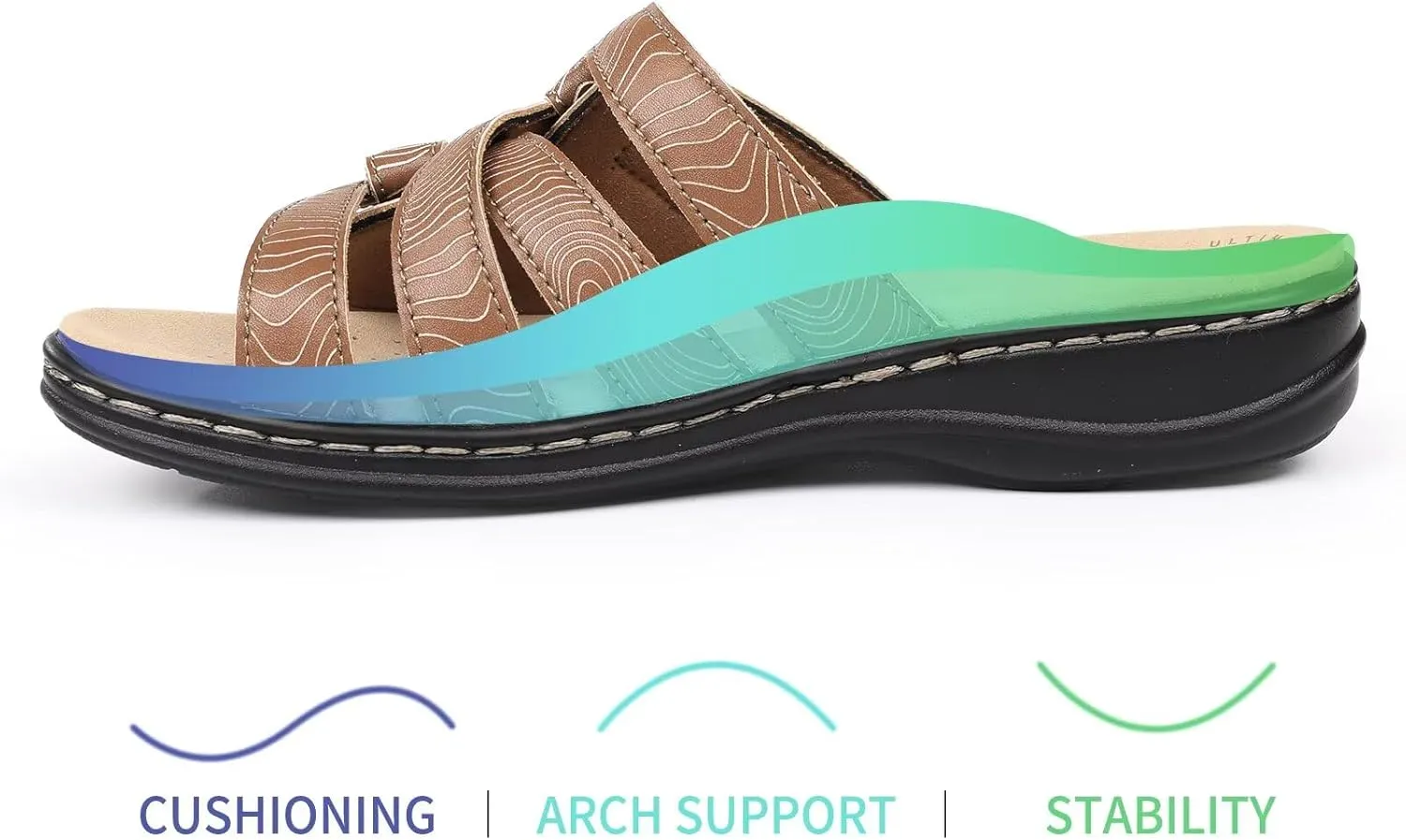 CIOR Classic Leather Womens Slides Arch Support Adjustable Hook and Loop Slip on Flat Sandals