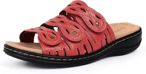 CIOR Classic Leather Womens Slides Arch Support Adjustable Hook and Loop Slip on Flat Sandals