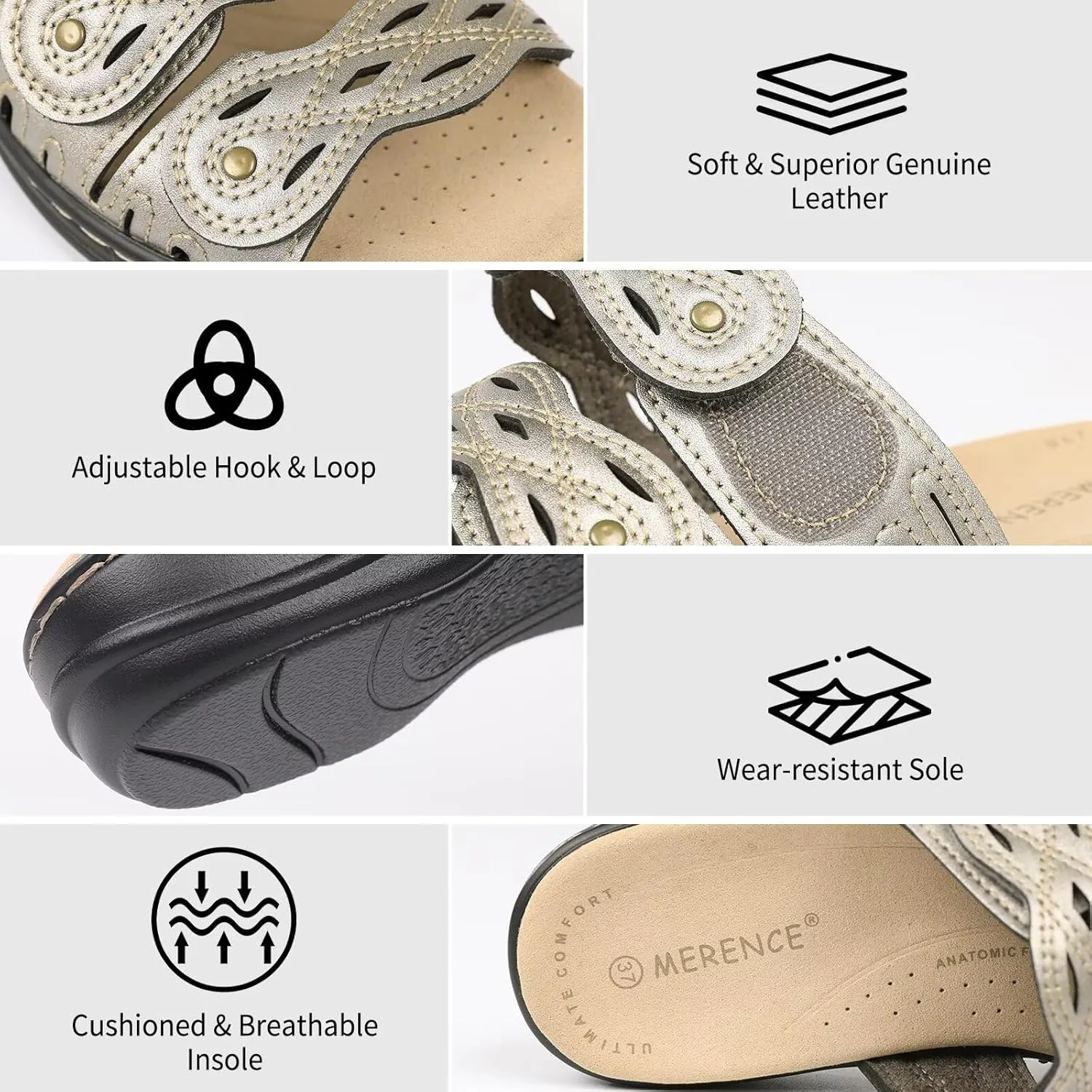 CIOR Classic Leather Womens Slides Arch Support Adjustable Hook and Loop Slip on Flat Sandals