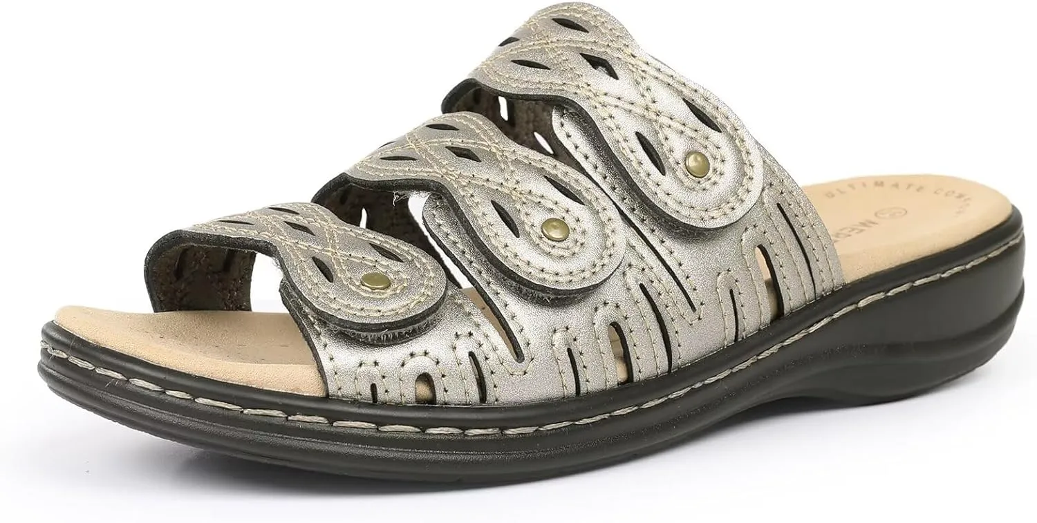 CIOR Classic Leather Womens Slides Arch Support Adjustable Hook and Loop Slip on Flat Sandals