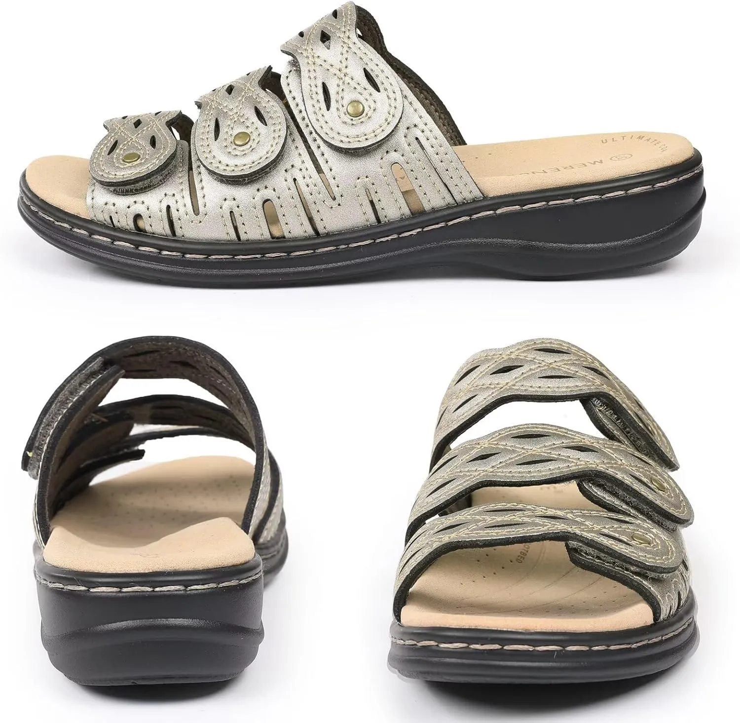 CIOR Classic Leather Womens Slides Arch Support Adjustable Hook and Loop Slip on Flat Sandals