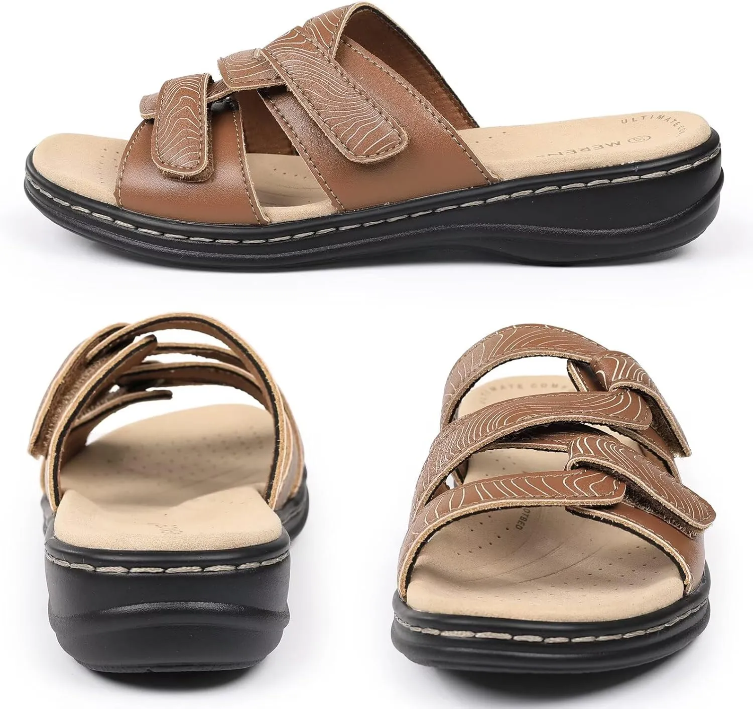 CIOR Classic Leather Womens Slides Arch Support Adjustable Hook and Loop Slip on Flat Sandals