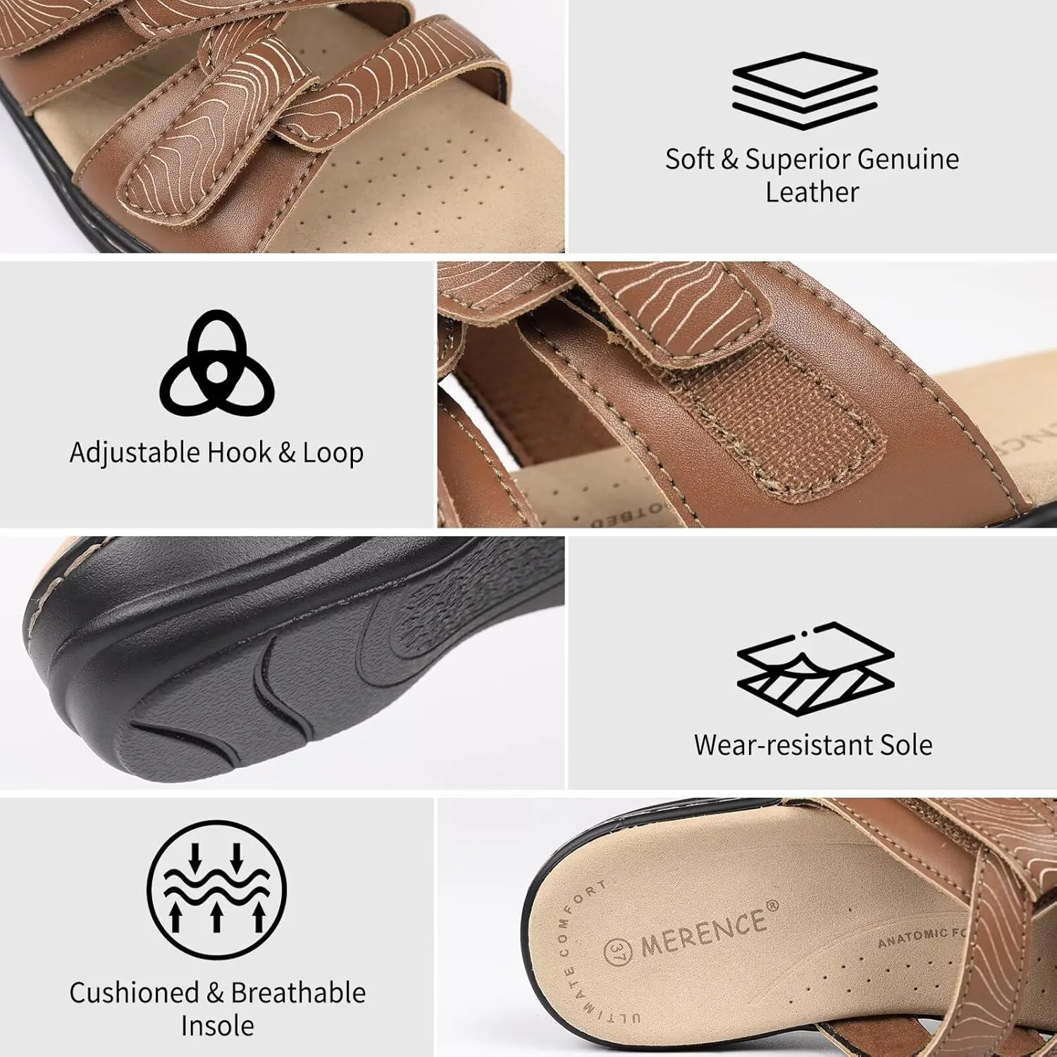 CIOR Classic Leather Womens Slides Arch Support Adjustable Hook and Loop Slip on Flat Sandals