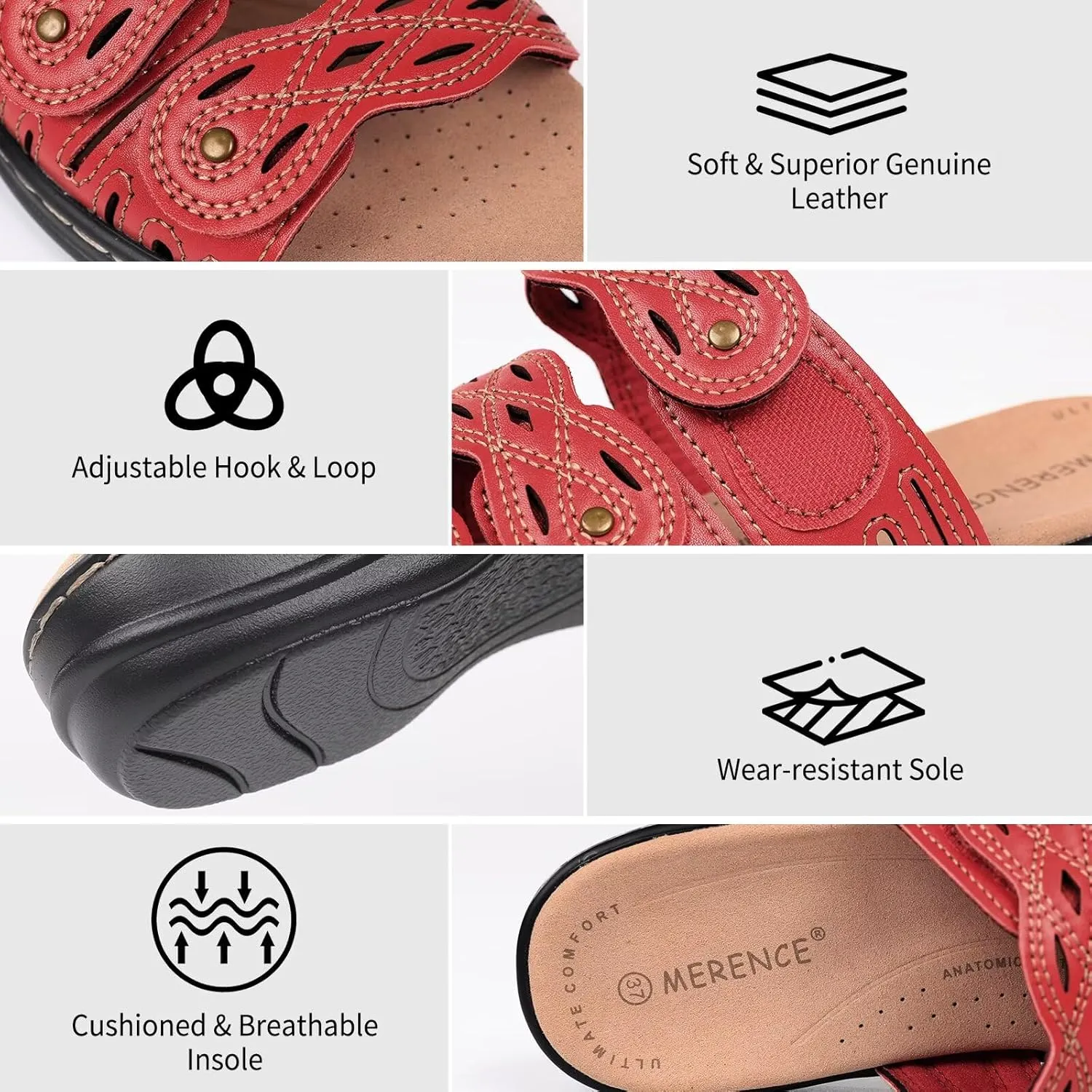 CIOR Classic Leather Womens Slides Arch Support Adjustable Hook and Loop Slip on Flat Sandals