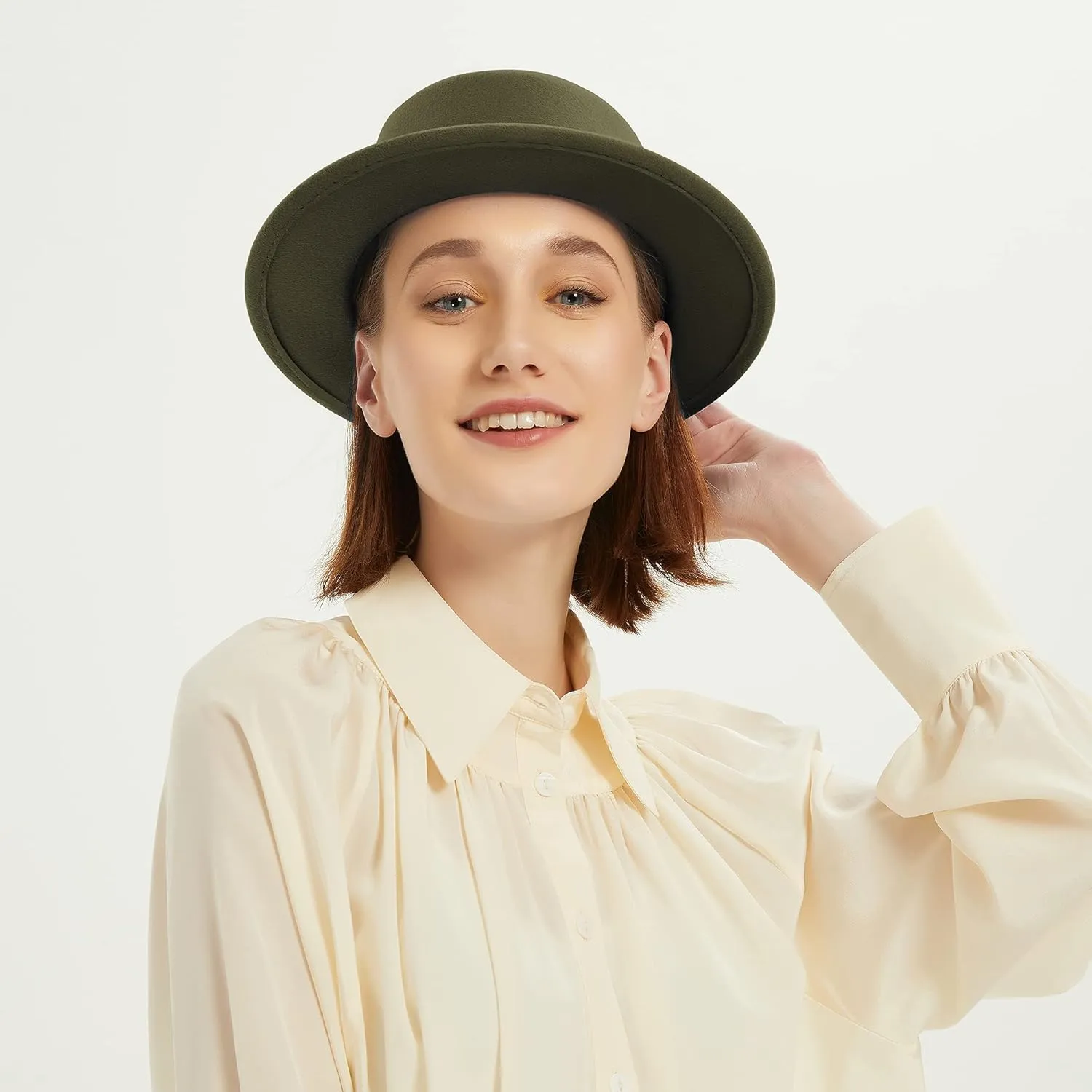 Classic Fedora Hat Flat Top Hat Felt Pork Pie Hat Wide Brim Church Derby Cap for Women and Men