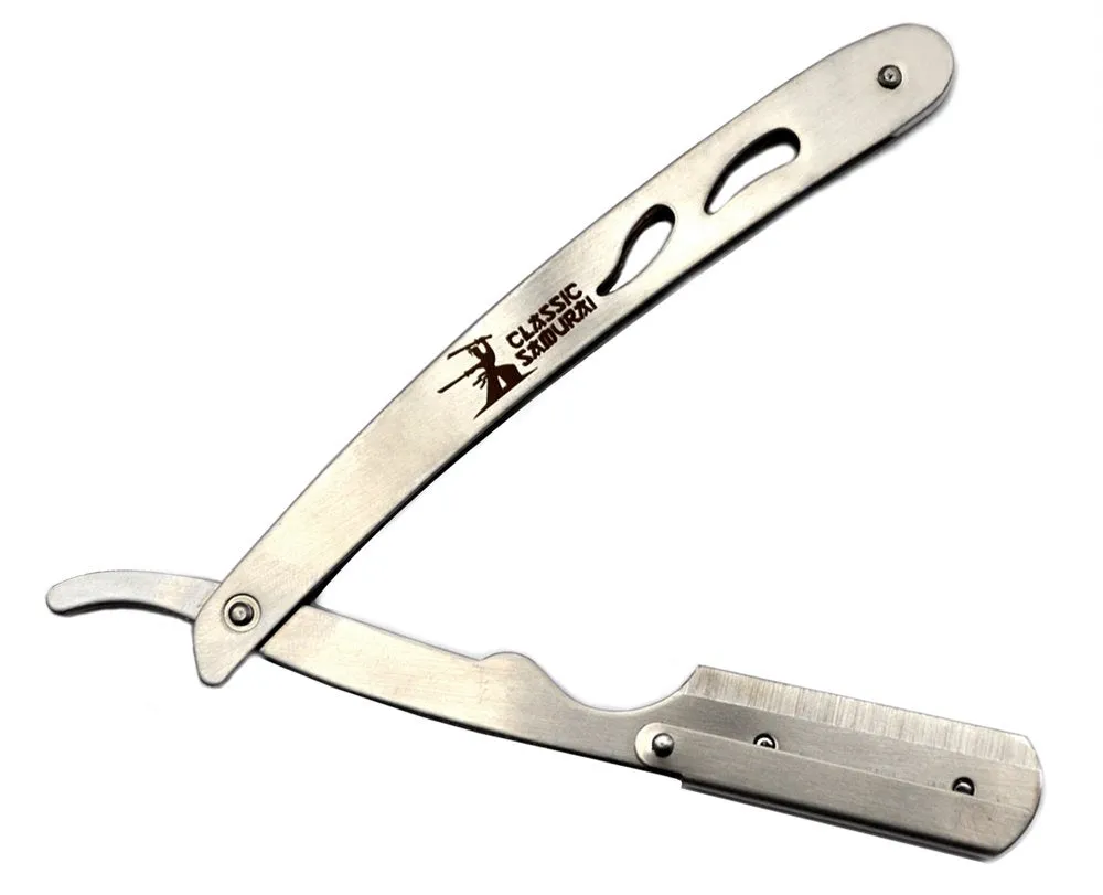 Classic Samurai CS-102 Stainless Steel Professional Barber Straight Edge Razor with 100 Lord Single Edge Razor Blades (Silver Metal)