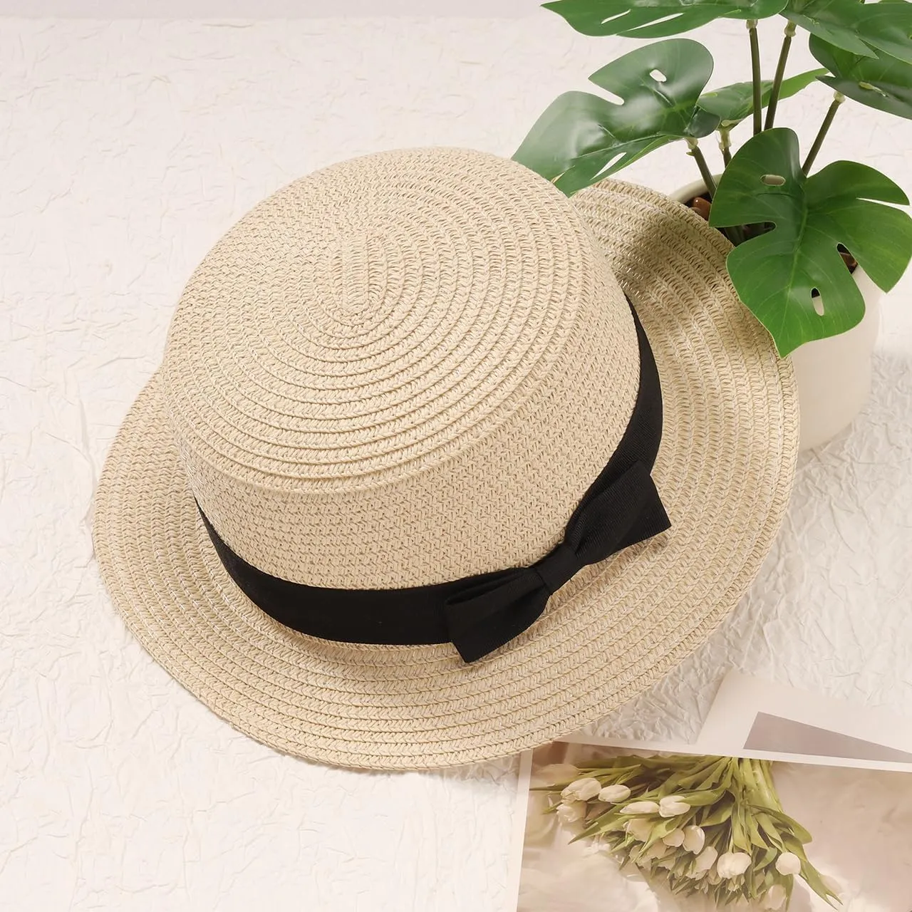 Classic Straw Boater Hat, Skimmer Hat, Flat top Boater hat, Casual Party Church Hat for Men Women