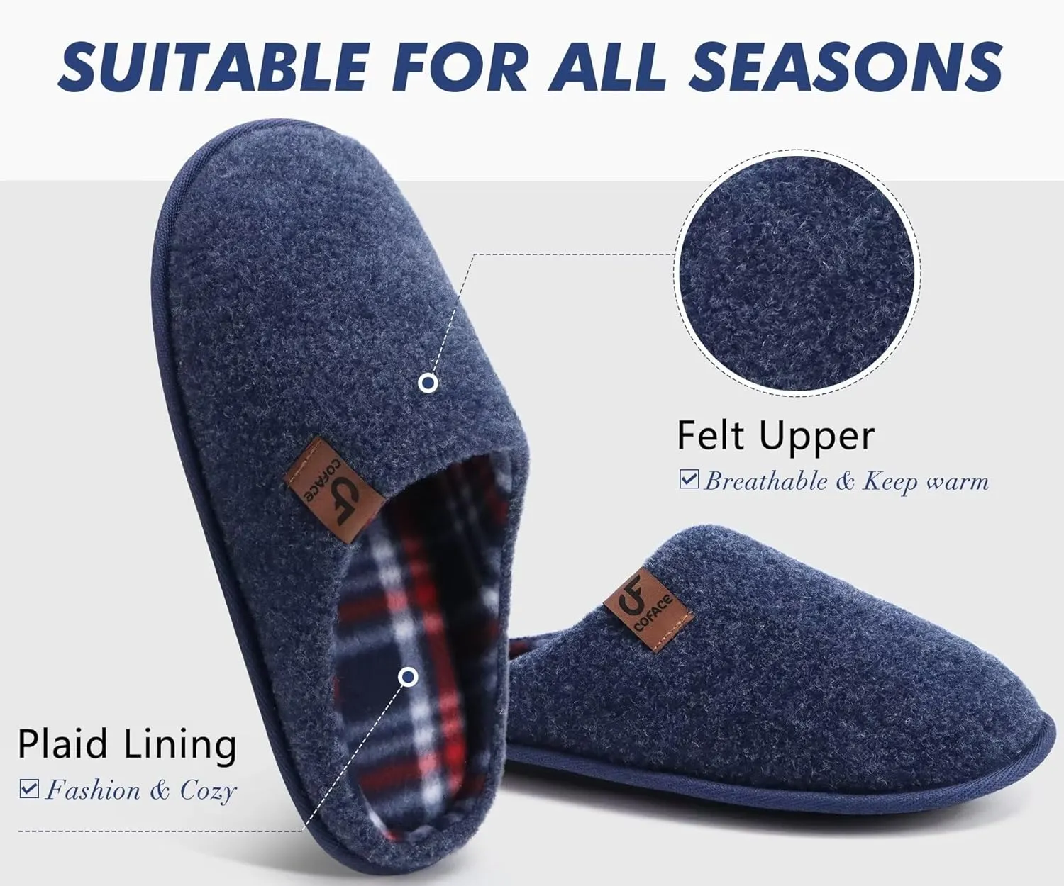 COFACE Unisex Mens Womens Cozy Memory Foam Scuff Slippers Casual Slip On Warm House Shoes Indoor/Outdoor Felt Sandal Slippers With Arch Support Rubber Sole Size 4-15