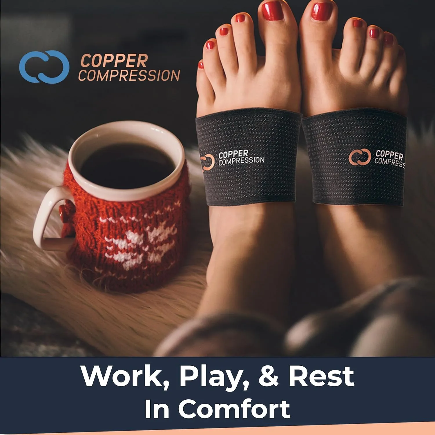 Copper Compression Arch Support - 2 Pain Relief Foot Care Brace Sleeves for Plantar Fasciitis, Heel Spurs - Wide & Narrow Feet - Flat Feet & Fallen Arches, High Arch - One Size - 1 Pair - Nude